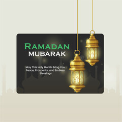 Ramadan Mubarak Greeting Card with Glowing Golden Lanterns and Mosque Silhouette Background