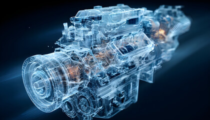Futuristic hologram displaying complex internal components of a powerful marine engine, emphasizing advanced technology and precision engineering in maritime propulsion systems