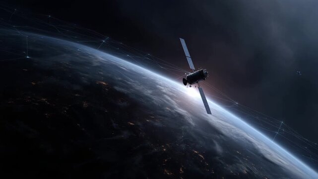 showing multiple satellites orbiting Earth and forming a global digital network