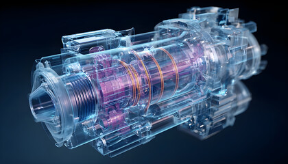 Futuristic hologram displaying complex internal components of a powerful marine engine, emphasizing advanced technology and precision engineering in maritime propulsion systems