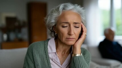 emotional lifestyle scene showing a depressed senior woman experiencing relationship difficulties at home. In the foreground, an elderly woman (70s-80s) with light 4K