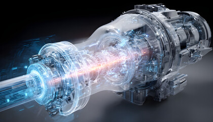 Futuristic hologram displaying complex internal components of a powerful marine engine, emphasizing advanced technology and precision engineering in maritime propulsion systems