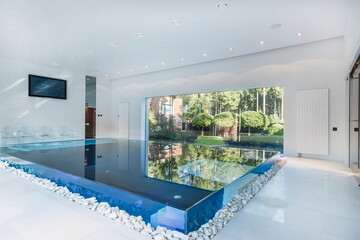 An incomparable private swimming pool with glass sides in a white room with a panoramic window....