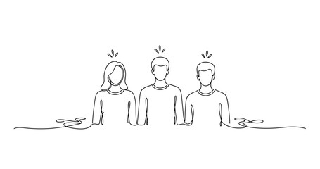 Continuous line drawing of three people discussing ideas, no editable stroke