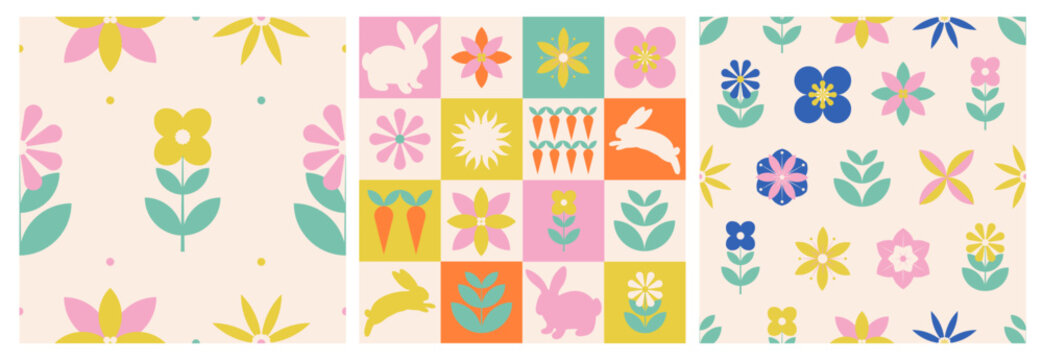 Happy Easter set of seamless pattern in geometric style with Bunnies, carrot and flowers. Design for fabric, textile, wallpaper and decoration. Vector illustration.