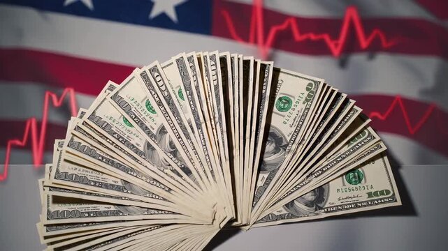 Multiple shots of us dollar banknotes fanned out on the background of the american flag with a falling red graph, representing the decline of the us dollar