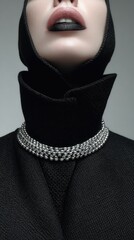 Elegant Monochrome Fashion with Bold Lipstick and Statement Necklace