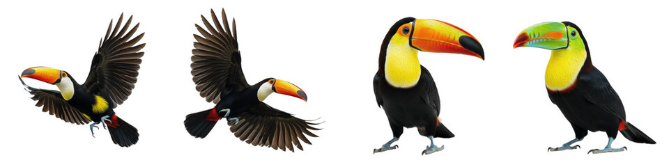 Fototapeta premium Realistic Toco Toucan Bird Collection Featuring Dynamic Flying and Standing Poses With Vibrant Orange Beaks Isolated on White Background PNG Mockup for Nature and Wildlife Illustration