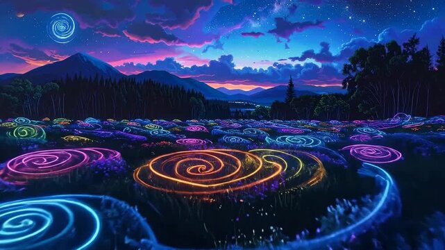 Vibrant field of glowing spiral patterns under a starlit sky, creating a magical landscape.