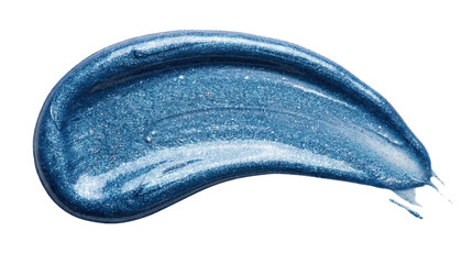 Metallic blue acrylic paint stroke with sparkling glitter texture and curved glossy finish isolated on transparent background
