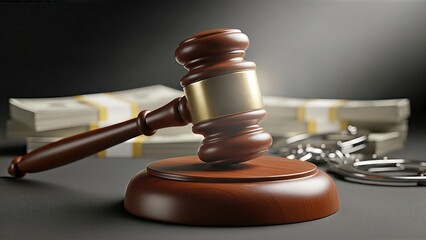 Wooden gavel rests on a round base beside stacks of cash and handcuffs, symbolizing justice, financial crimes, and the consequences of corruption in society