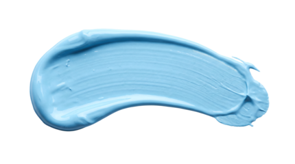 Bright blue acrylic paint brush stroke with glossy texture and curved movement isolated on transparent background