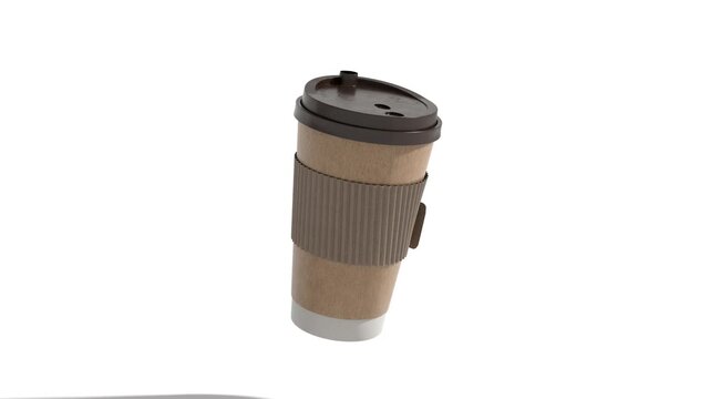 Paper Coffee Cup floating above white background. Takeaway paper coffee cups flying. Loop, 4k, 3d render.