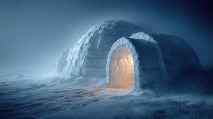 Glowing igloo shelter with warm light inside at cold night. AI generated image