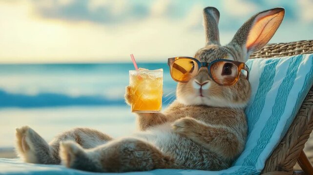 Rabbit enjoys a drink at the beach while relaxing on a chair with sunglasses during a sunny day