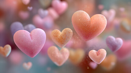 Fototapeta premium Abstract romantic background with floating pastel hearts, soft glitter texture and dreamy bokeh, symbol of love, romance and tenderness, perfect for Valentine’s Day, wedding or greeting design