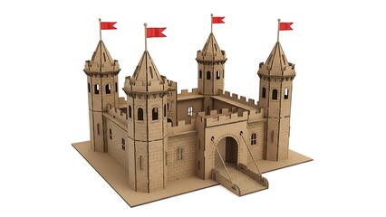 Obraz premium Intricately designed cardboard castle model with flags and towers