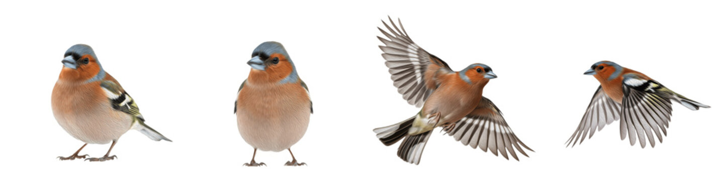 Realistic Common Chaffinch Bird Collection Featuring Dynamic Flying and Standing Poses With Vibrant Russet Plumage Isolated on White Background PNG Mockup for Nature and Wildlife Design