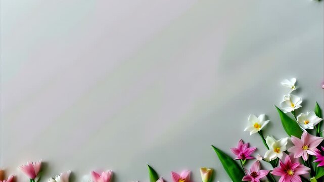 Pink and white spring flowers with green leaves form a soft border along the bottom on a light background. Minimal composition with wide copy space and gentle shadows