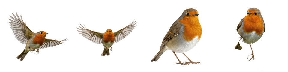 Realistic European Robin Collection Featuring Dynamic Flying and Standing Poses With Vibrant Orange Breast Isolated on White Background PNG Mockup for Nature and Wildlife Design