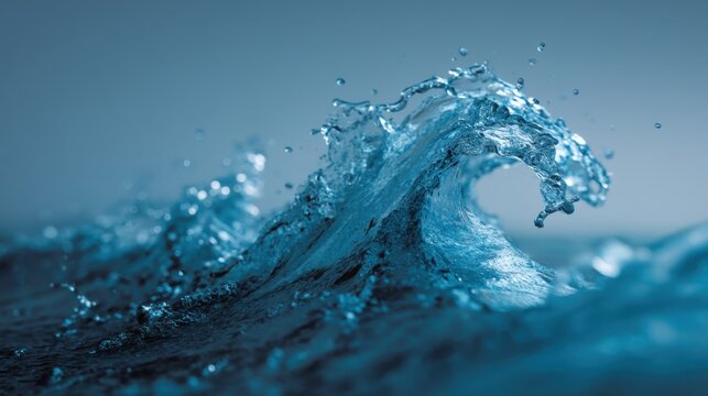 Dynamic ocean wave splash with droplets against blue sky background.