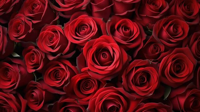 A beautiful panoramic banner of natural red roses creating a lush floral wall. Romantic background for valentine's day, an anniversary, or a wedding celebration
