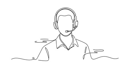 Continuous line drawing of male customer service representative with headset. No editable strokes