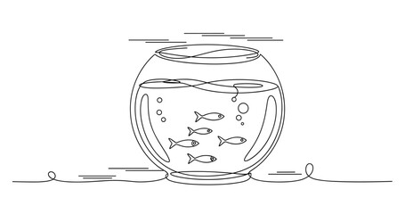 Line art illustration of fish swimming in a fishbowl. No editable strokes
