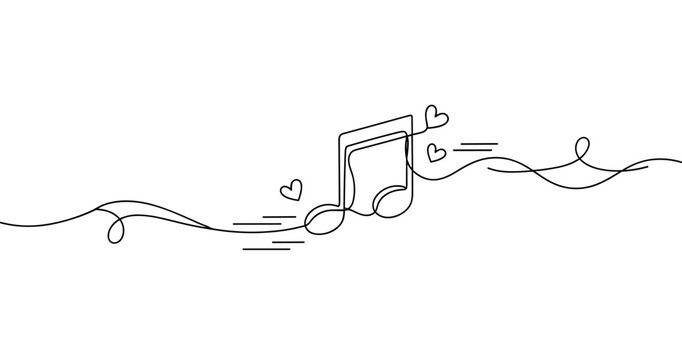 Continuous line art of musical note with flowing hearts and lines. No editable strokes
