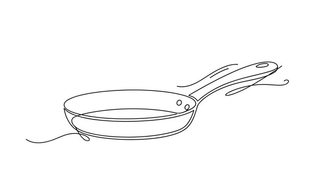 Minimalist line drawing of frying pan with artistic details. No editable strokes
