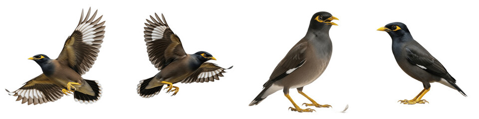 Obraz premium Realistic Common Myna Bird Collection Featuring Dynamic Flying and Standing Poses with Yellow Eye Patches Isolated on White Background PNG Mockup for Nature and Wildlife Illustration