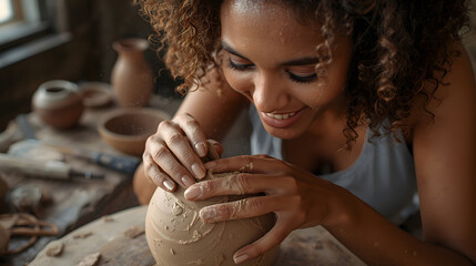 Close up of a woman making ceramic and pottery
