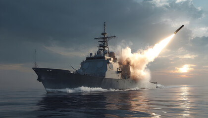 Fototapeta premium naval vessel firing a missile.