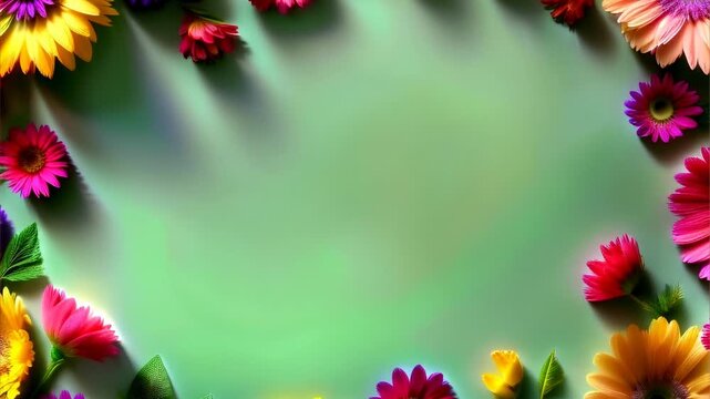 Colorful flower frame on green background, spring floral border with copy space