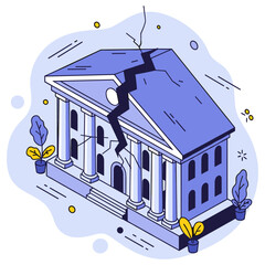 Naklejka premium Cracked building facade with columns and plants