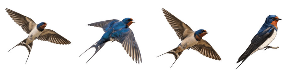 Fototapeta premium Realistic Barn Swallow Bird Collection Featuring Dynamic Flying Poses With Forked Tails and Blue Plumage Isolated on White Background PNG Mockup for Nature and Wildlife Design