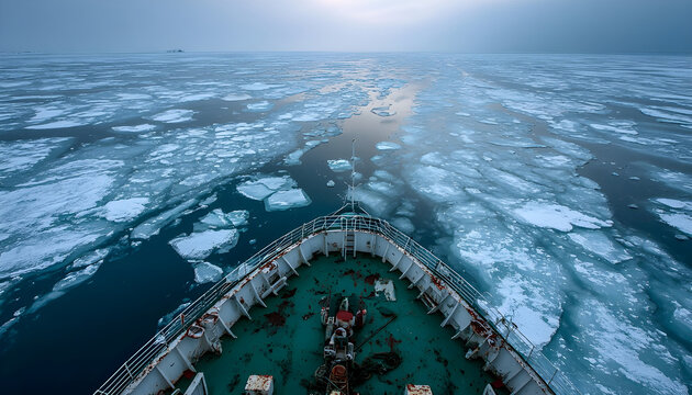 Ship breaks ice in the sea of Spitsbergen Norway Beautiful Prow of a ship shot of large ship sail and break the ice Prow of a ship