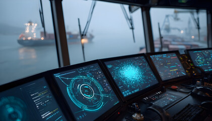 PC screen functioning as smart radar with many dots and texts on a cargo ship