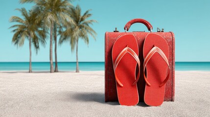 Tropical Beach Getaway with Red Suitcase and Flip-Flops Under Palm Trees
