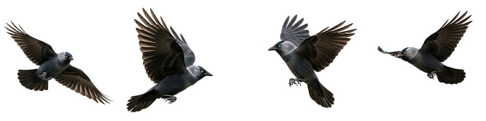 Obraz premium Western Jackdaw Flying Set Transparent PNG Isolated On White Background Intelligent Corvid Wings Spread Perched Garden Wildlife Nature Elements