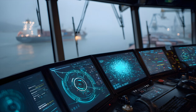 PC screen functioning as smart radar with many dots and texts on a cargo ship