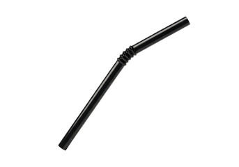 A single, sleek black plastic drinking straw with a bent flexible, corrugated section is angled diagonally on a pristine transparent studio background with copy space, minimalist product concept