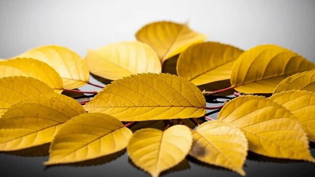 Golden autumn leaves arranged in a circle on a reflective surface, creating a seasonal still life.