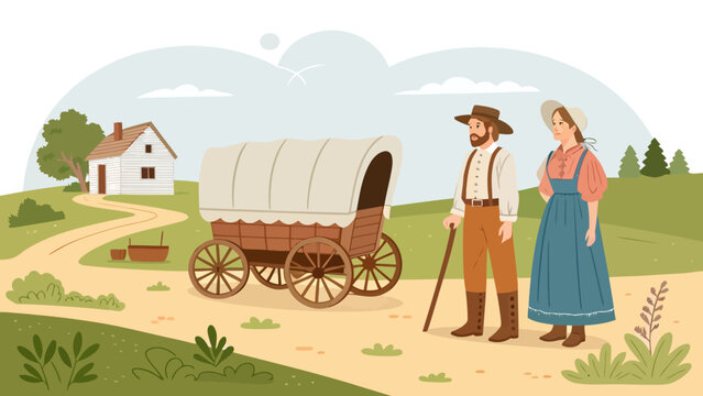 Pioneer couple with covered wagon on rural dirt road