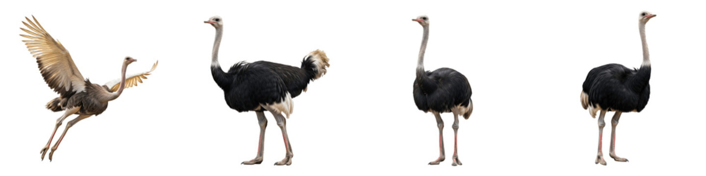 Common Ostrich Set Transparent PNG Isolated On White Background Large African Flightless Bird Standing Running Wings Spread Nature Elements Wildlife