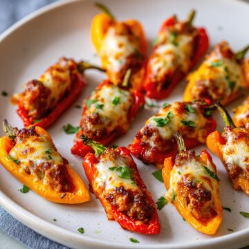 Stuffed Mini Peppers with Cheese and Meat on White Plate