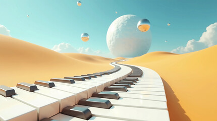 White Piano Keys Forming Winding Path in Desert with Floating Balls