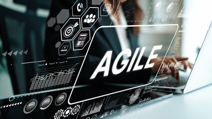 Modern Businessman Engaging with Digital Agile Framework and Workflow Solutions in Office Environment. Asymptotic smart data analytic.