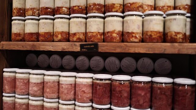 Rows of traditional meat preserves in glass jars create an authentic rustic store atmosphere with layered textures and natural colors highlighting handcrafted food preparation and regional culinary he