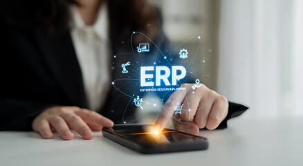 ERP platform visual showing centralized system for enterprise resource planning, improving integration, data flow, business efficiency, finance, inventory, and human resources. Spline